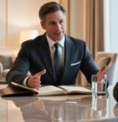 Professional financial adviser in a tailored suit speaking with a client in an elegant office setting, conveying personalised guidance and trust.