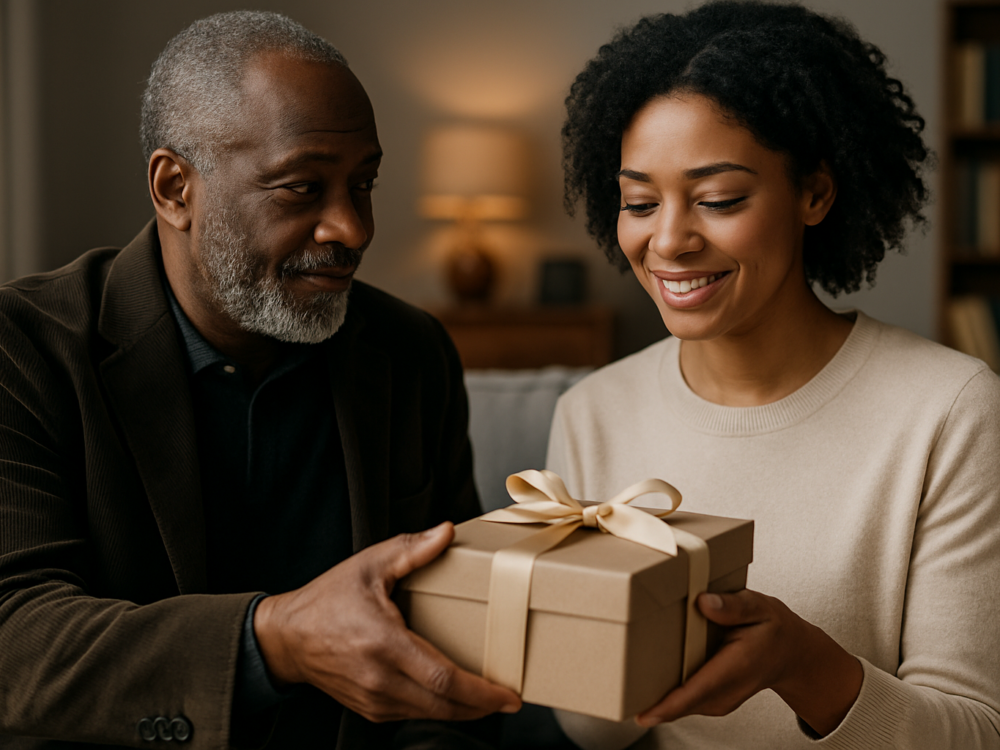 An older man hands a neatly wrapped gift to a smiling young woman in a softly lit living room, capturing a warm, thoughtful moment between generations.