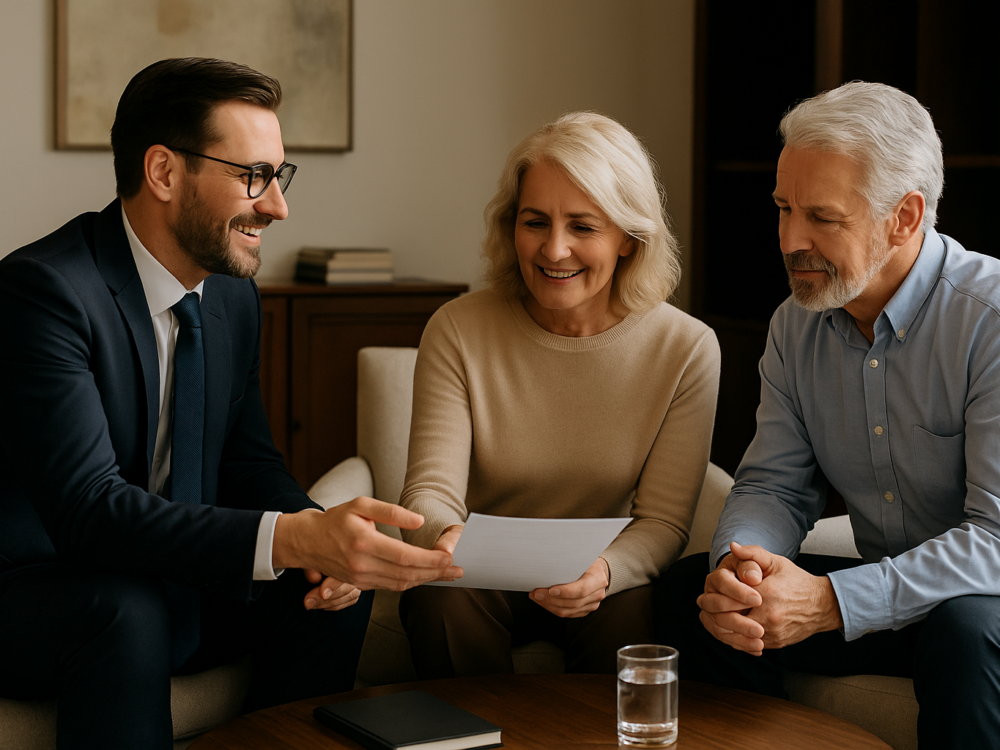 Professional adviser meeting with a client in a refined office, offering personalised guidance and collaborative estate planning support
