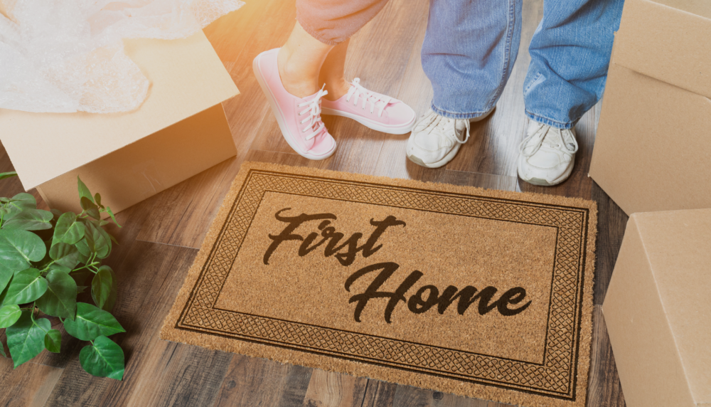 first home image of a doormat. First-time buyers new home