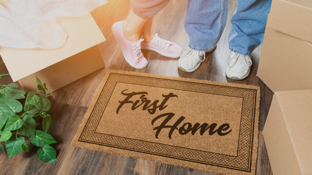 first home image of a doormat. First-time buyers new home