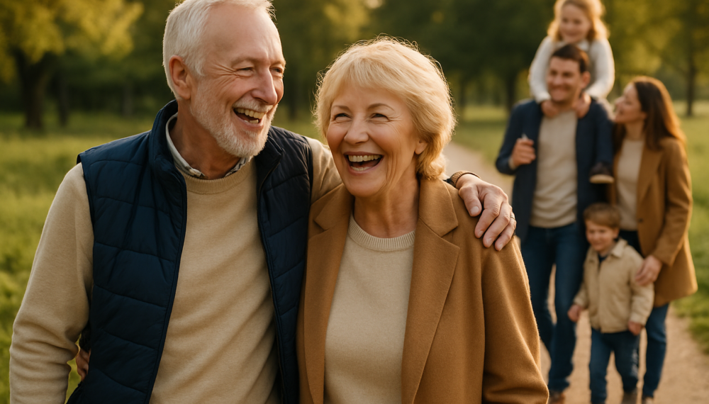 Elderly couple walking in a park with their multigenerational family, symbolising legacy planning and Whole of Life Insurance benefits.