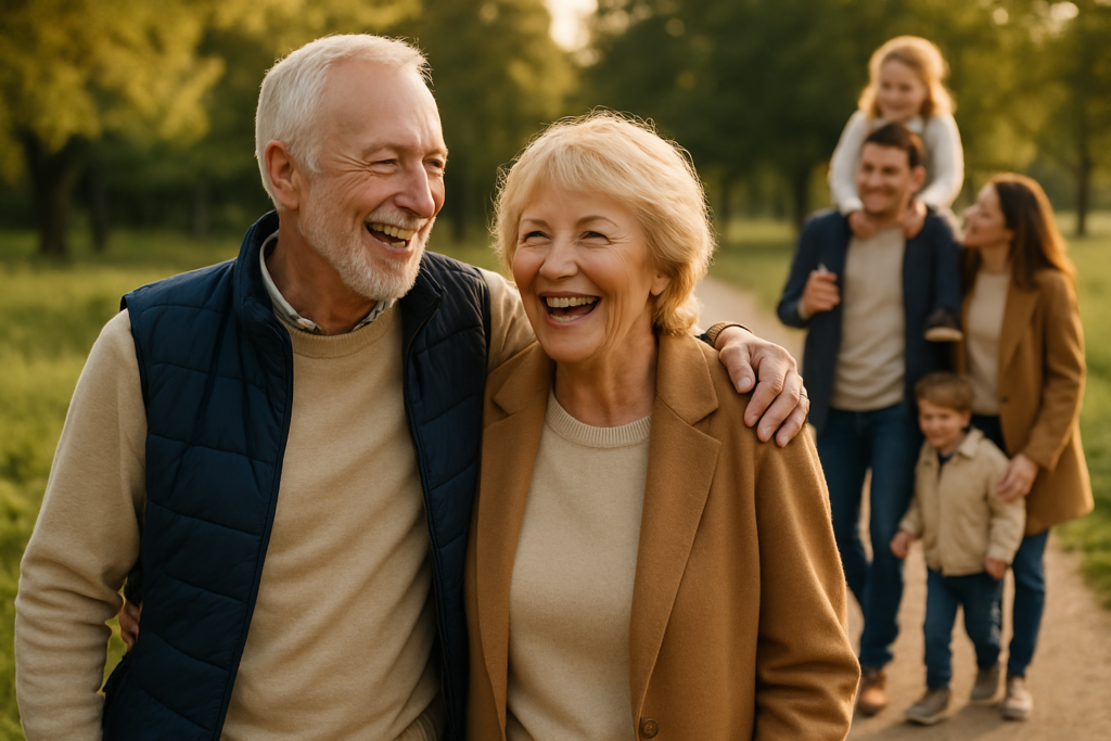 Elderly couple walking in a park with their multigenerational family, symbolising legacy planning and Whole of Life Insurance benefits.