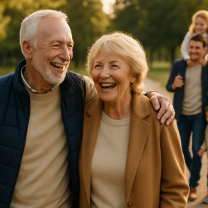 Elderly couple walking in a park with their multigenerational family, symbolising legacy planning and Whole of Life Insurance benefits.