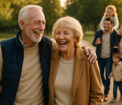 Elderly couple walking in a park with their multigenerational family, symbolising legacy planning and Whole of Life Insurance benefits.