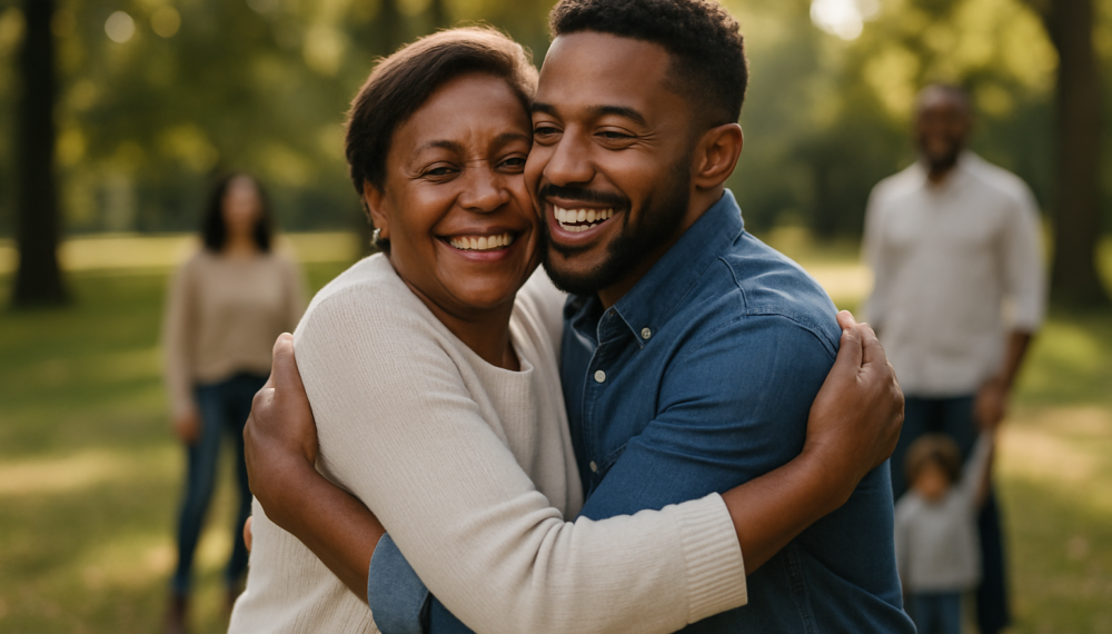 Smiling mother and adult son embracing warmly in a sunlit park, symbolising the reassurance and legacy planning of Gift Inter Vivos Insurance