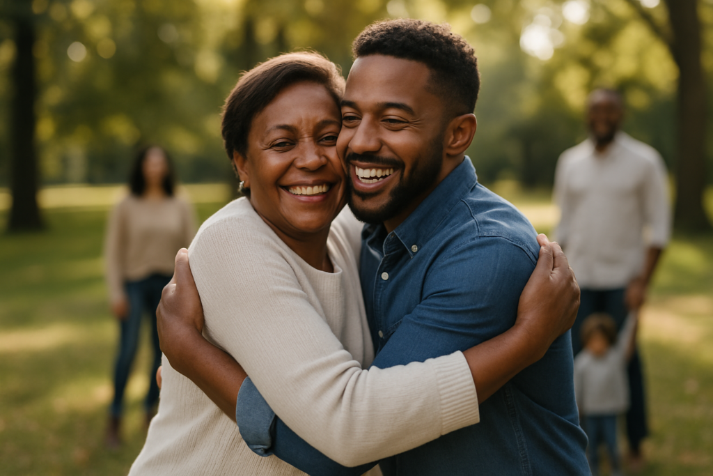 Smiling mother and adult son embracing warmly in a sunlit park, symbolising the reassurance and legacy planning of Gift Inter Vivos Insurance