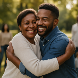 Smiling mother and adult son embracing warmly in a sunlit park, symbolising the reassurance and legacy planning of Gift Inter Vivos Insurance