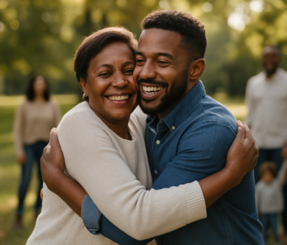 Smiling mother and adult son embracing warmly in a sunlit park, symbolising the reassurance and legacy planning of Gift Inter Vivos Insurance