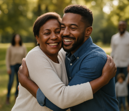 Smiling mother and adult son embracing warmly in a sunlit park, symbolising the reassurance and legacy planning of Gift Inter Vivos Insurance