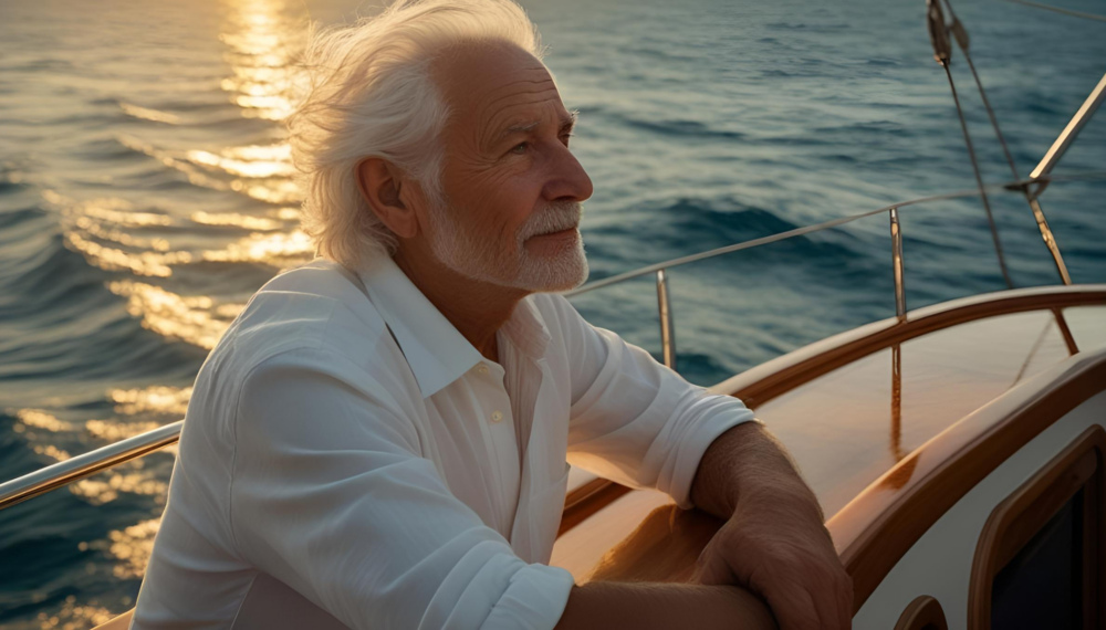 An elderly man gazes out over the water from the deck of his cabin cruiser. This moment captures the essence of drawdown equity release enabling not just a purchase, but a lifestyle enriched by family, freedom, and peace of mind.