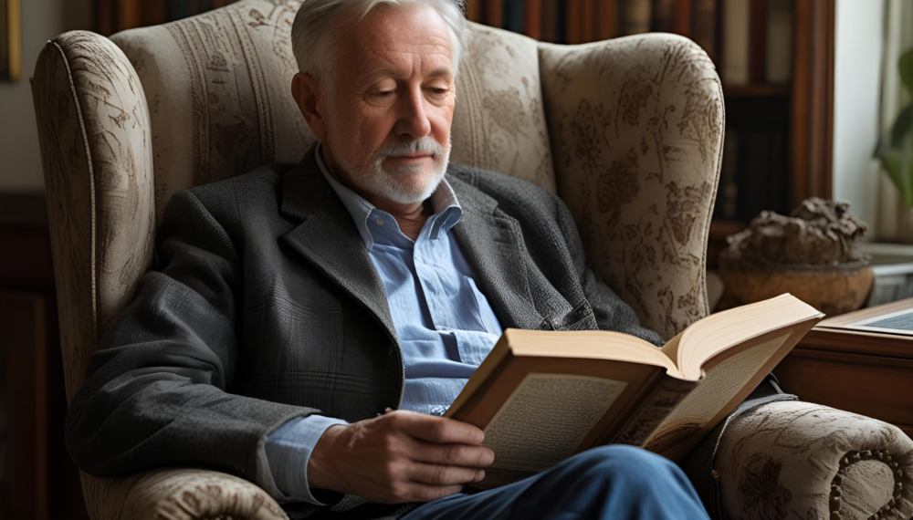 An older gentleman sits comfortably in a patterned armchair, reading a hardcover book in a warmly lit study. His thoughtful expression and relaxed posture suggest a moment of reflection and security.