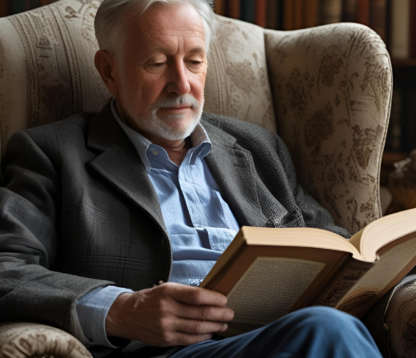 An older gentleman sits comfortably in a patterned armchair, reading a hardcover book in a warmly lit study. His thoughtful expression and relaxed posture suggest a moment of reflection and security.