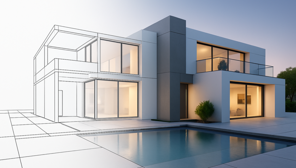 3D rendering of a modern luxury villa with glass and clean lines, illustrating property development potential with development finance support.