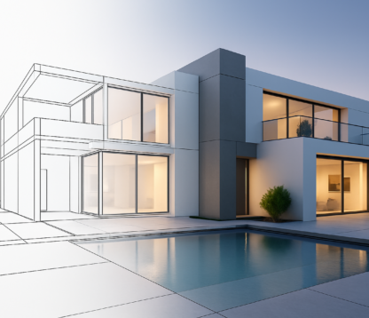 3D rendering of a modern luxury villa with glass and clean lines, illustrating property development potential with development finance support.